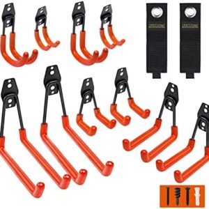Garage Hooks, 12 Pack Wall Storage Hooks with 2 Extension Cord Storage Straps, Heavy Duty Tool Hangers for Utility Organizer, Wall Mount Holders for Garden Lawn Tools, Ladders, Bike (Orange)