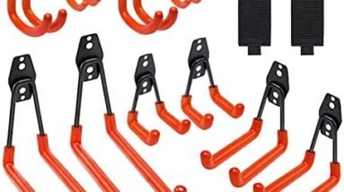 Garage Hooks, 12 Pack Wall Storage Hooks with 2 Extension Cord Storage Straps, Heavy Duty Tool Hangers for Utility Organizer, Wall Mount Holders for Garden Lawn Tools, Ladders, Bike (Orange)