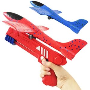 Aucess Boy Toys 2 Pack Airplane Launcher Toys, 2 Flight Modes Outdoor Throwing Foam Glider with Catapult Plane Gun Birthday Gift for 5+ Years Old Kids