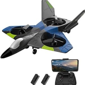 KKnoon RC Airplane with Camera 4K, 2.4GHz Remote Control Plane Gliding Aircraft Fighter Toys with LED Lights for Adults Boys, Gyroscope Stabilization, Headless Mode, One Key Return, 2 Battery, Blue