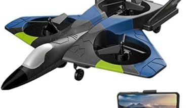 KKnoon RC Airplane with Camera 4K, 2.4GHz Remote Control Plane Gliding Aircraft Fighter Toys with LED Lights for Adults Boys, Gyroscope Stabilization, Headless Mode, One Key Return, 2 Battery, Blue