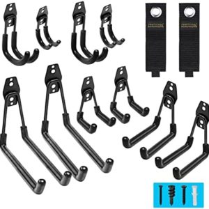 Garage Hooks, 12 Pack Wall Storage Hooks with 2 Extension Cord Storage Straps, Heavy Duty Tool Hangers for Utility Organizer, Wall Mount Holders for Garden Lawn Tools, Ladders Hanger, Bike (Black)