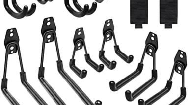 Garage Hooks, 12 Pack Wall Storage Hooks with 2 Extension Cord Storage Straps, Heavy Duty Tool Hangers for Utility Organizer, Wall Mount Holders for Garden Lawn Tools, Ladders Hanger, Bike (Black)