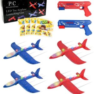 Toy Airplane Launcher - Outdoor Games - 4 Pack Foam Glider Planes + 2 Launchers + 4 Sets of Stickers - LED Lights - Throwing Toys for Kids - Red & Blue Flying Toys – 4 5 6 7 8 Year Old Boys Girls