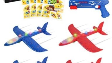 Toy Airplane Launcher - Outdoor Games - 4 Pack Foam Glider Planes + 2 Launchers + 4 Sets of Stickers - LED Lights - Throwing Toys for Kids - Red & Blue Flying Toys – 4 5 6 7 8 Year Old Boys Girls