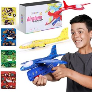 Skibbler 3 Pack Airplane Launcher Toys, 2 Flight Modes LED Foam Glider Catapult Plane Toy for Boys, Superhero Stickers, Outdoor Flying Toys Birthday Gifts for Boys Girls 4 5 6 7 8 9 10 11 12 Year Old