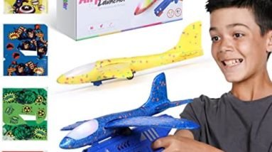 Skibbler 3 Pack Airplane Launcher Toys, 2 Flight Modes LED Foam Glider Catapult Plane Toy for Boys, Superhero Stickers, Outdoor Flying Toys Birthday Gifts for Boys Girls 4 5 6 7 8 9 10 11 12 Year Old