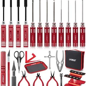RC Car Tool Kit - Screwdriver Set (Flat, Phillips, Hex), Pliers, Wrench, Body Reamer, Stand, Repair Tools for Quadcopter Drone Helicopter Airplane, Accessories Compatible with Traxxas R C Cars – 25pcs