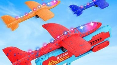 Aizoer 3 Pack Airplane Toy with Launcher,2 Flight Mode Catapult Plane Toy for Kids,12.6" Throwing Foam Glider Plane One-Click Ejection Outdoor Game Birthday Gift Toy for 6 7 8 9 Year Old Boys Girls