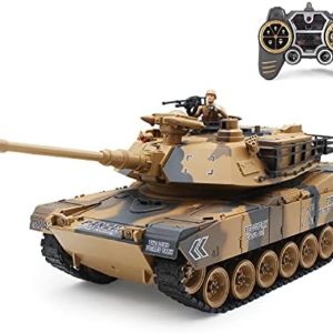 fisca 1/18 Remote Control Tank 2.4Ghz, 15 Channel M1A2 RC Tank with Smoking and Vibration Controller - Abrams Main Battle Tank That Shoot BBS Airsoft Bullets Military Toy for Kids and Adults