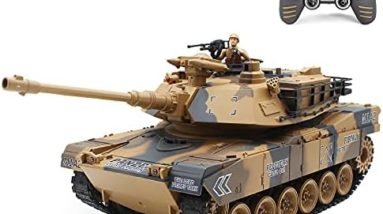 fisca 1/18 Remote Control Tank 2.4Ghz, 15 Channel M1A2 RC Tank with Smoking and Vibration Controller - Abrams Main Battle Tank That Shoot BBS Airsoft Bullets Military Toy for Kids and Adults