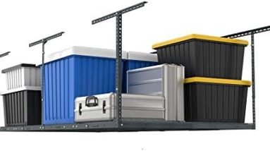 FLEXIMOUNTS 4x8 Overhead Garage Storage Rack, Adjustable Garage Storage Organization Systerm, Heavy Duty Metal Garage Ceiling Storage Racks, 600lbs Weight Capacity, Hammertone