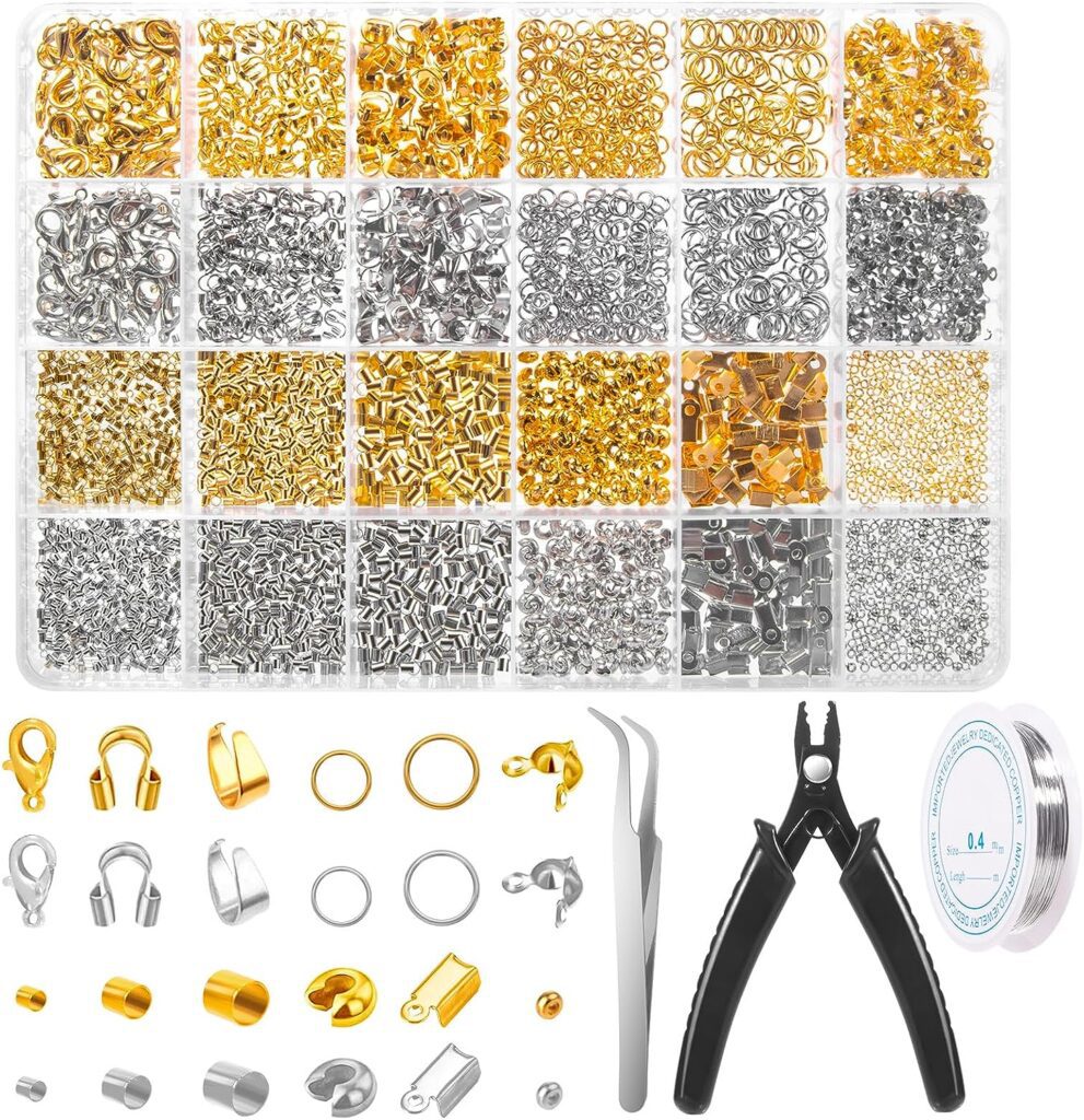 2120 PCS Crimp Beads for Jewelry Making Supplies, Bracelet Clasps and Closures, Golden Silver Crimp Covers  Tubes, Lobster Clasp Crimping Pliers and Beading Wire