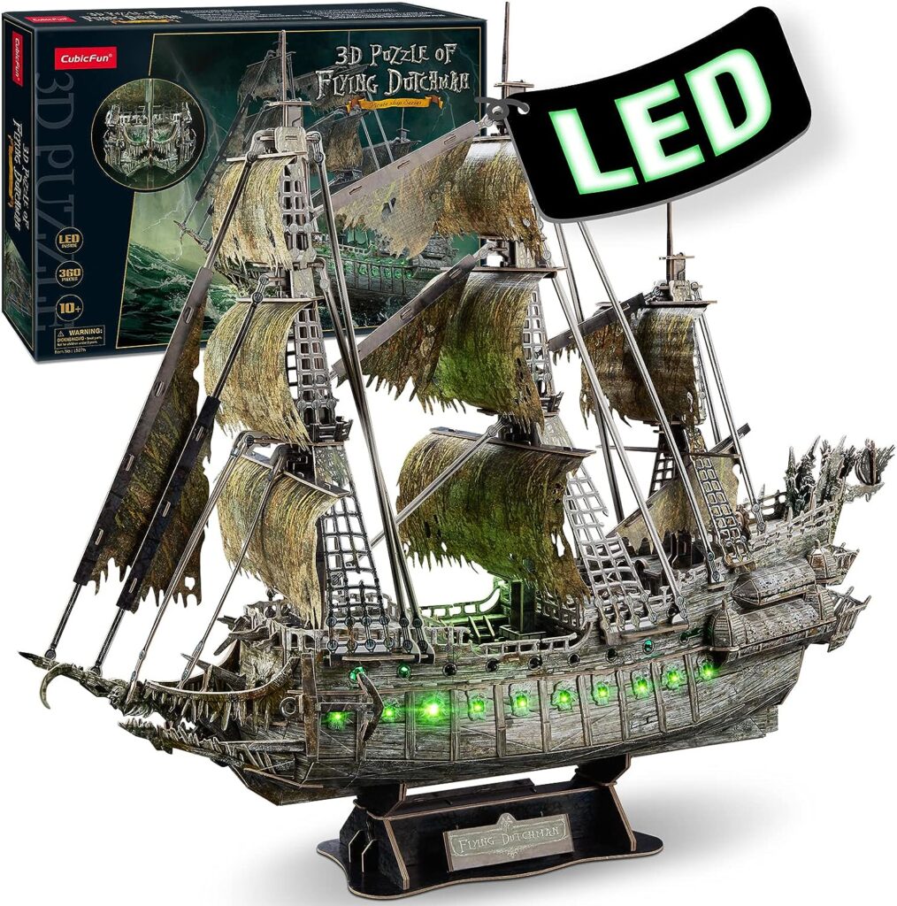 3D Puzzles for Adults Green LED Flying Dutchman 360 Pieces Haunted Pirate Ship Arts  Crafts for Adults Gifts for Men Women Model Kits, Lighting Ghost Ship Decor Brain Teaser Puzzles for Adults