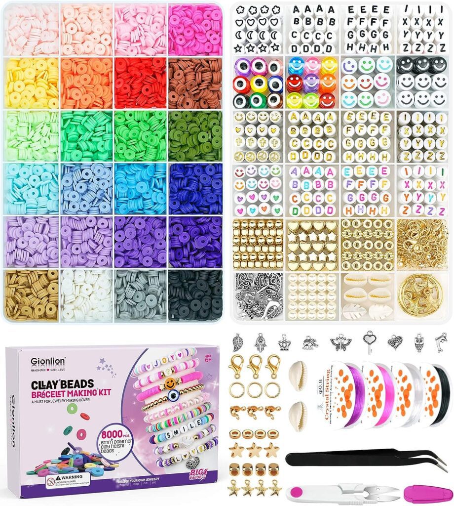 Gionlion 8000 Pcs Clay Beads Bracelet Making Kit, Flat Preppy Clay Beads Letter Beads Spacer Beads and Charms Kit for Friendship Bracelet Kit, Jewelry Making Supplies Crafts Gift for Teen Girls Adults
