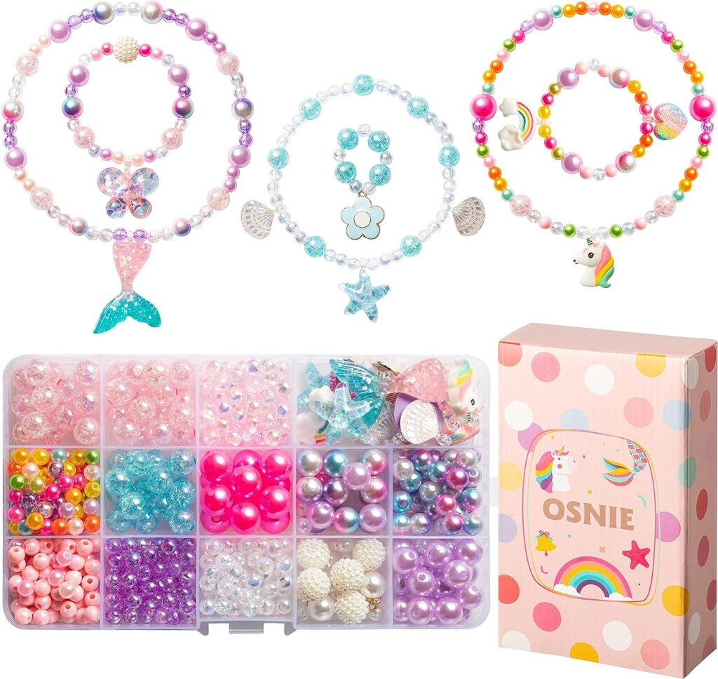 OSNIE DIY Bead Jewelry Making Kit for Kids Girls with Mermaid Starfish Shell Unicorn Rainbow Butterfly Heart Pearl Charms Beads for Bracelets Rings Necklaces Creativity Beading Kits Art Craft, 400Pcs+