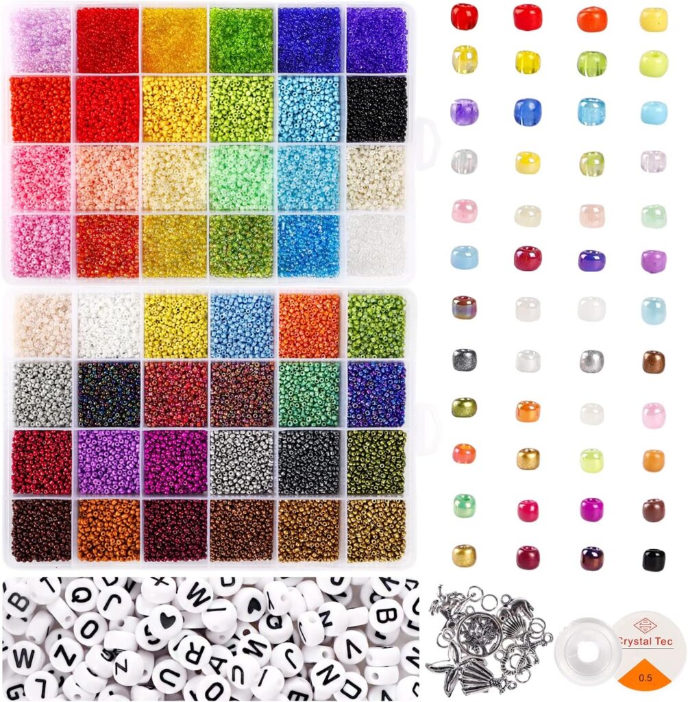UOONY 35000pcs 2mm Glass Seed Beads for Jewelry Making Kit, 250pcs Alphabet Letter Beads, Tiny Beads Set for Bracelets Making, DIY, Art and Craft with Rolls of Elastic String Cord, Charms and Rings