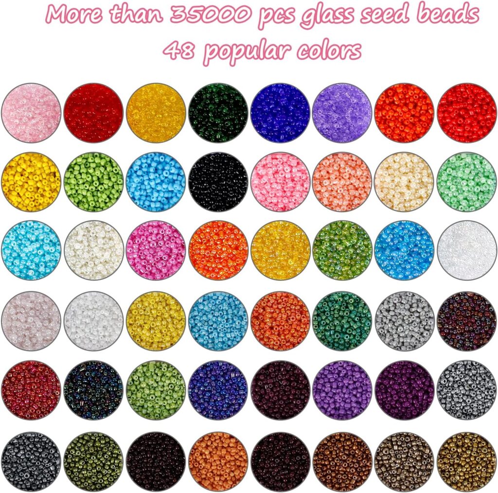 UOONY 35000pcs 2mm Glass Seed Beads for Jewelry Making Kit, 250pcs Alphabet Letter Beads, Tiny Beads Set for Bracelets Making, DIY, Art and Craft with Rolls of Elastic String Cord, Charms and Rings