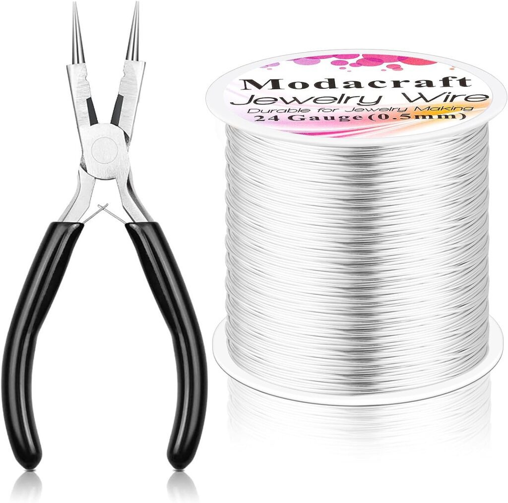Modacraft 24 Gauge Wire for Jewelry Making with Multipurpose Pilers, 213.3 FT/0.5 mm Craft Silver Jewelry Wire Tarnish Resistant Copper Beading Wire for Jewelry Making Supplies and Crafting (Silver)