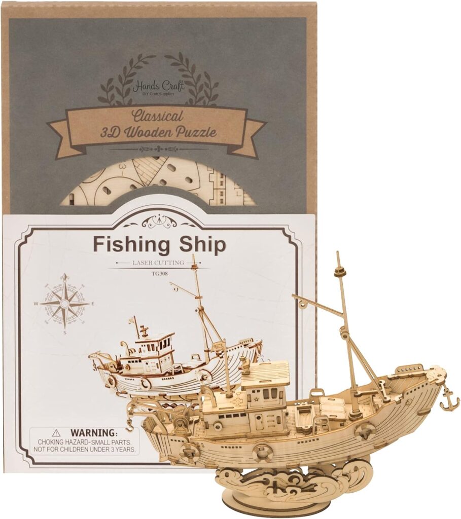 Hands Craft DIY 3D Wooden Puzzle – Fishing Ship Laser Cut Assembly Model Building Kit Brain Teaser Puzzles Educational STEM Toy Adults and Teens to Build Safe and Non-Toxic Premium Wood TG308