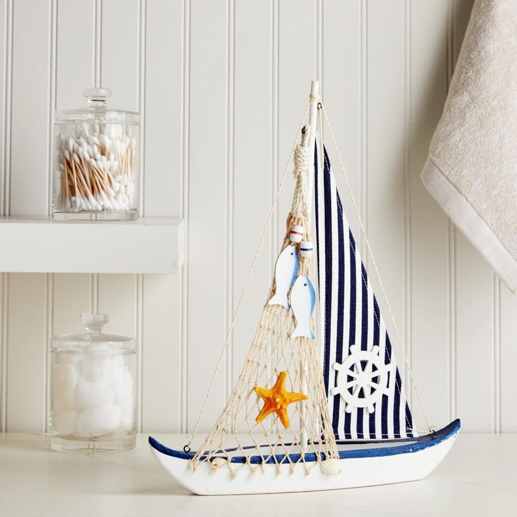 Juvale Sailboat Model Decoration - Wooden Sailing Boat Home Decor Set, Beach Nautical Design, Navy Blue and White with Ships Wheel, 13 x 15 x 3 Inches