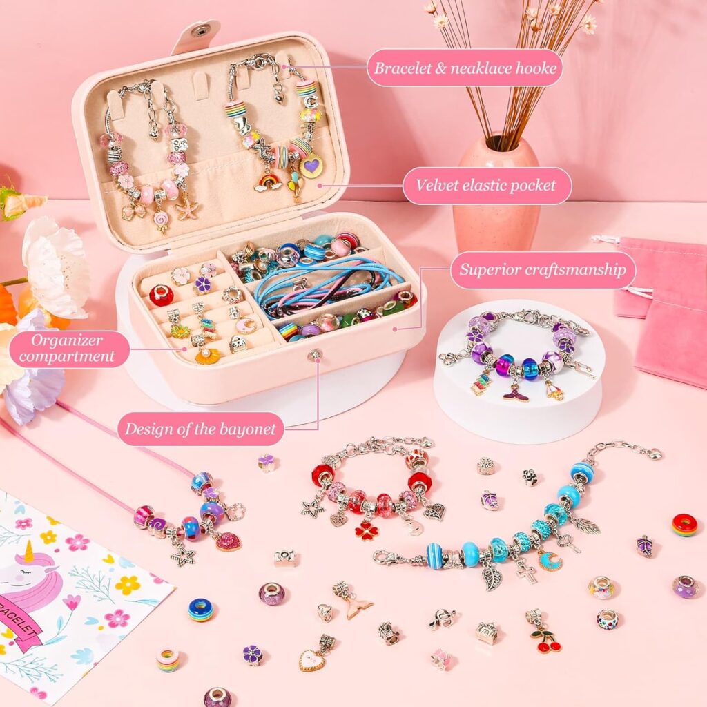 150Pcs Charm Bracelet Making Kit with Jewelry Box Girls Beads for Jewelry Making Kit with DIY Crafts Gift for Girls Friendship Bracelet Teen Women Birthday Valentine Gifts Christmas