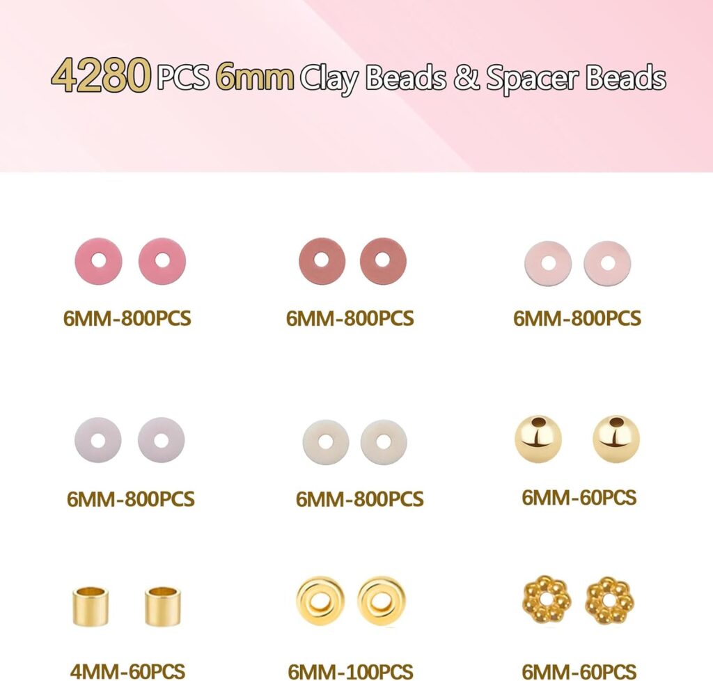 2780Pcs Clay Beads Bracelet Making Kit 6mm Pink Clay Beads Friendship Bracelets Making Kit Gold Spacer beads Polymer Clay Beads For Bracelets Making Heishi Bracelets Making Kit For Girl Adults