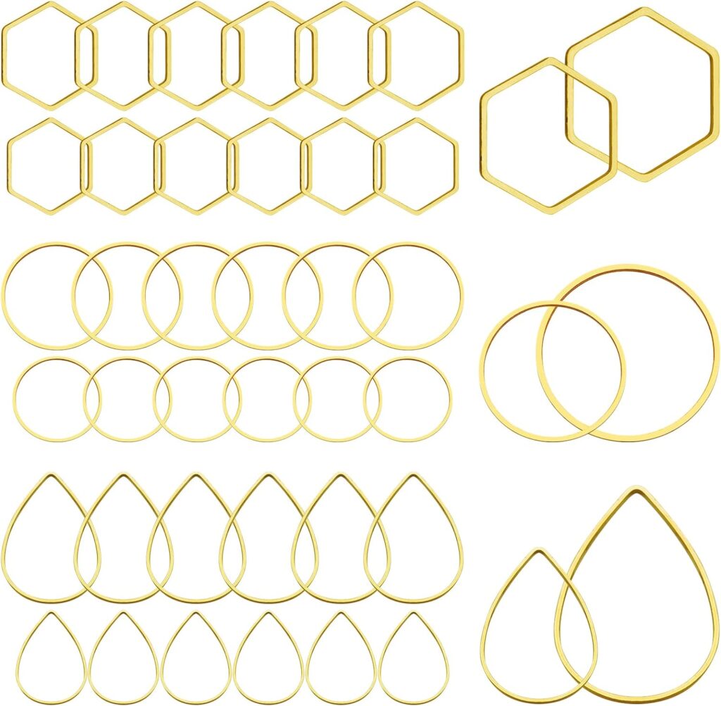 60pcs Hoop Earrings for Jewelry Making,Beading Hoop Earring Hypoallergenic Teardrop Hexagon Round Earring Hoop Open Bezel Pendant Frame for DIY Crafts,Earrings Making(Gold,3 Shapes)
