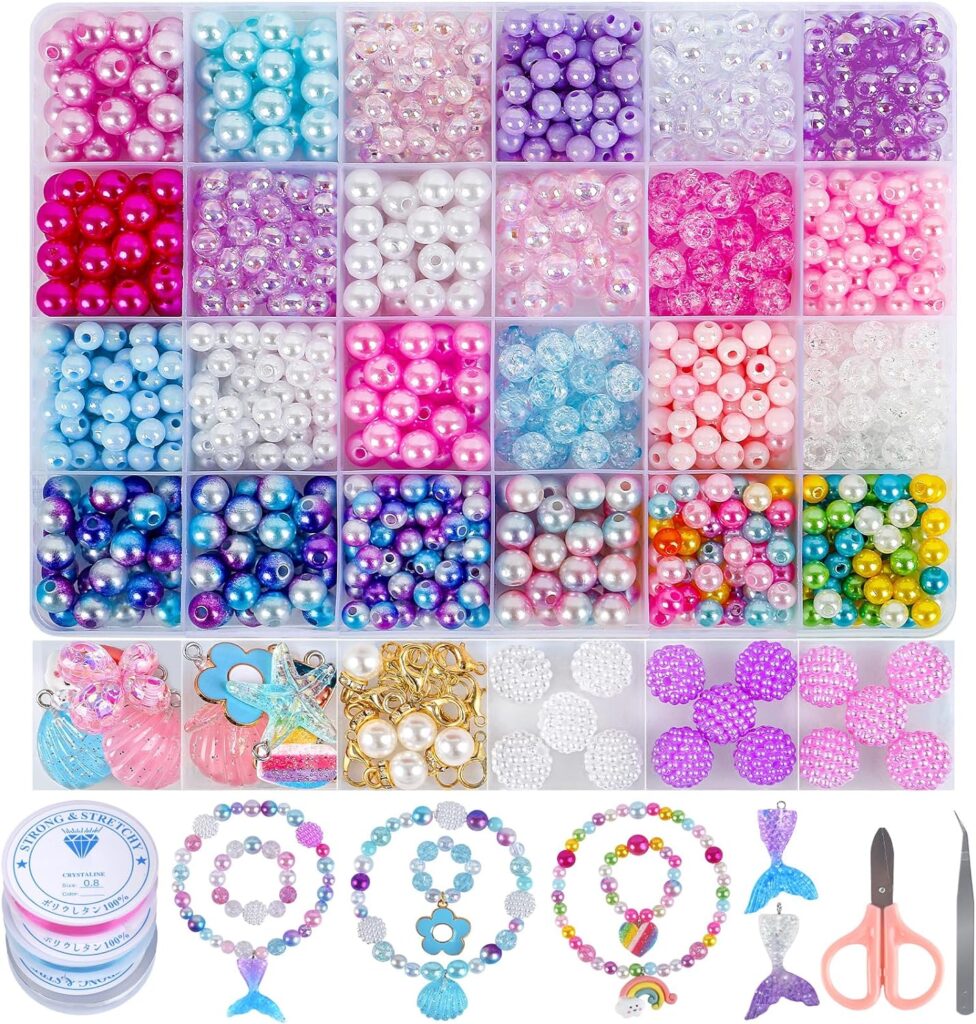 Acerich 806 Pcs Bracelet Making Kit for Girls Mermaid Beads for Jewelry Making Kit Assorted Sizes 6mm 8mm with Mermaid Starfish Shell Pendants, Pearl Beads for Bracelet Necklace DIY Craft Gifts