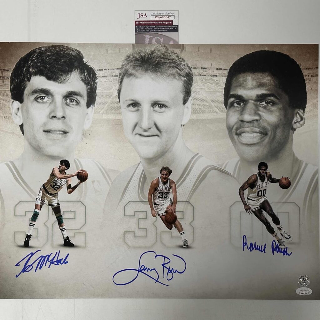 Autographed/Signed Larry Bird Kevin McHale Robert Parish Boston Celtics 16x20 Basketball Photo JSA COA