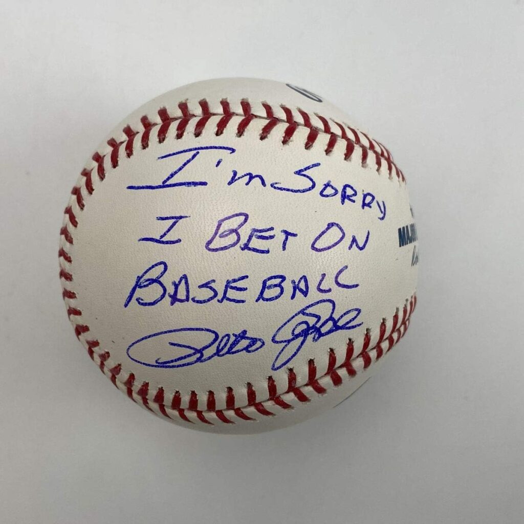 Autographed/Signed Pete Rose Im Sorry I Bet On Baseball Rawlings ROML Rose Hologram COA