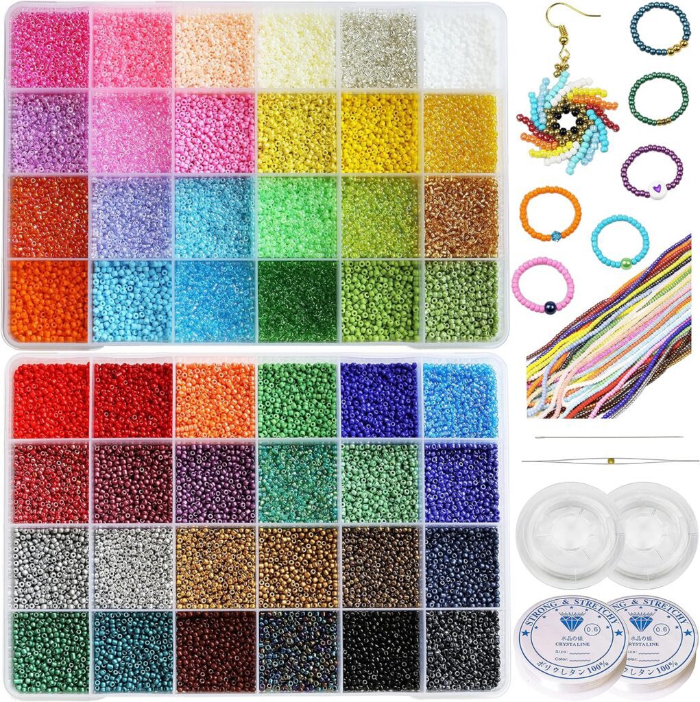 BalaFillic Size 2mm 12/0 Seed Beads Jewelry Making Supplies Kit, 48 Colors About 38000+pcs Small Craft Glass Beads with Beading Elastic String for Bracelets Earrings Necklaces Making