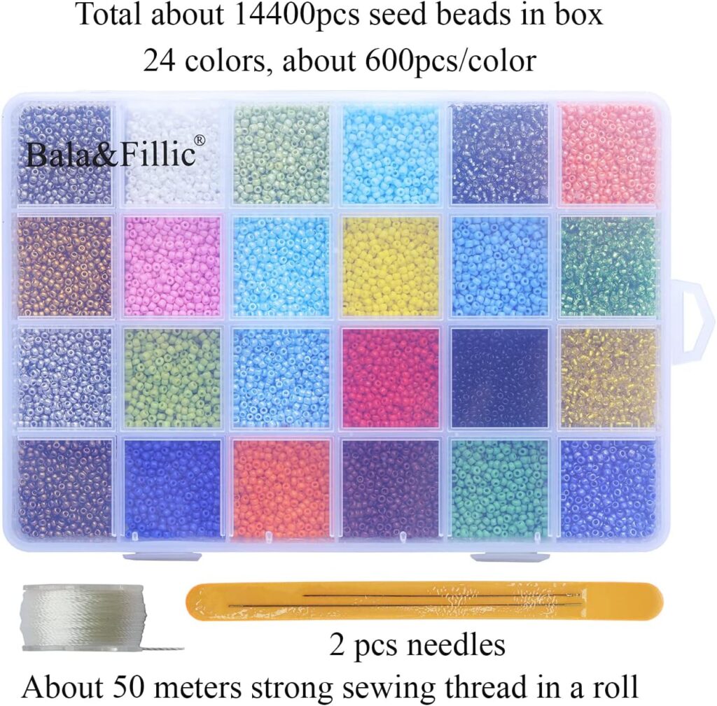 BalaFillic Size 2mm 12/0 Seed Beads Jewelry Making Supplies Kit, 48 Colors About 38000+pcs Small Craft Glass Beads with Beading Elastic String for Bracelets Earrings Necklaces Making