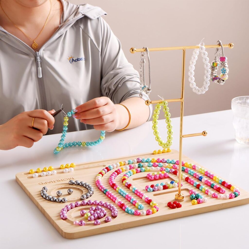 Bamboo Beading Design Board for Jewelry Bracelets and Necklaces Making -Beading Mats Trays With Hanging Organizer and Storage Stand