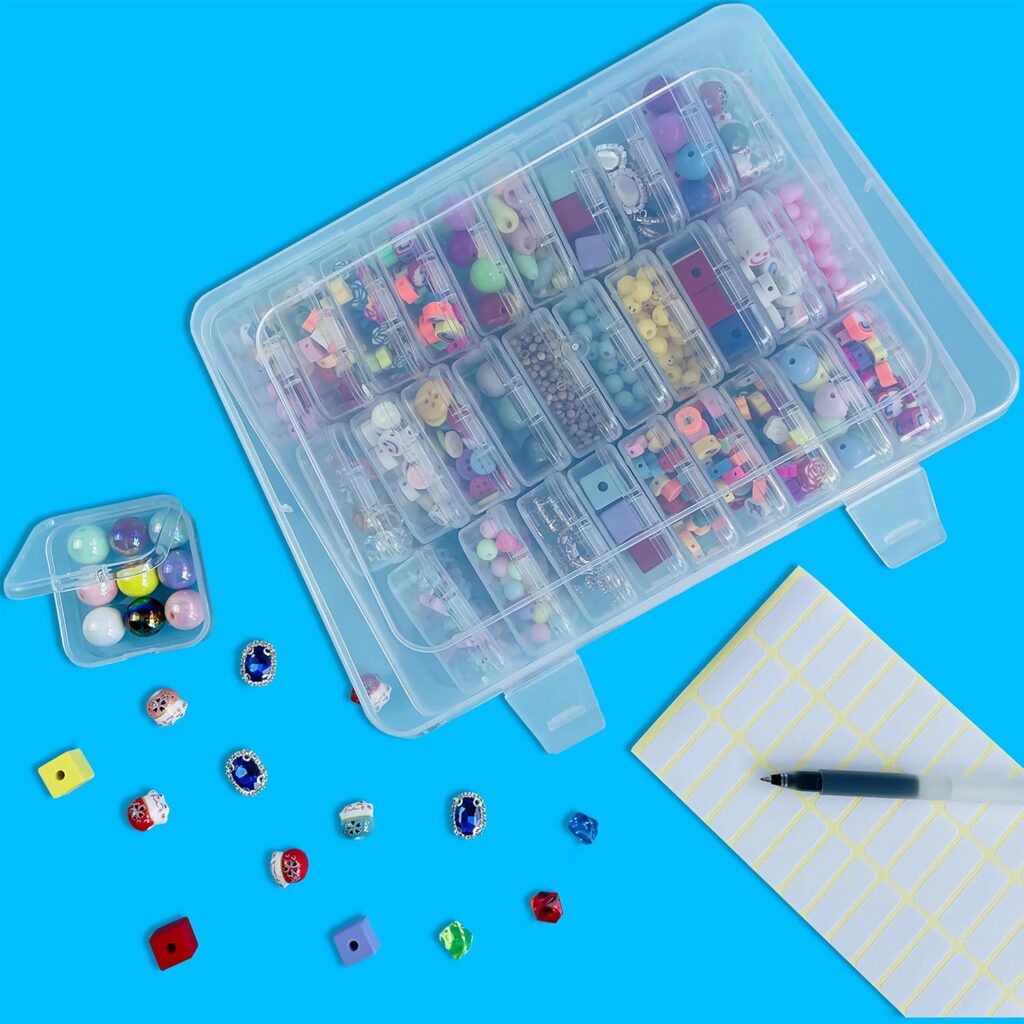 Bead Organizer Box, 30Pcs Small Clear Plastic Bead Storage Containers, 1 Craft Storage Box with Hinged Lid, 1 Sheet Label Sticker, Mini Storage Box for Jewelry Making Beading Crafts Screws Small Parts