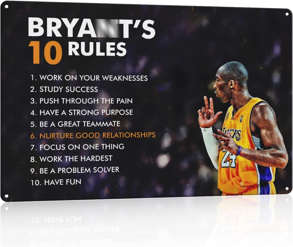 Bryants 10 Rules - The Champion’s Mindset Motivational Basketball Metal Print Poster. Sports Poster Wall Art for Home,Office,Locker Room,Gym Décor. a Champions Rules to Be Your Best! - 12 x 8 in