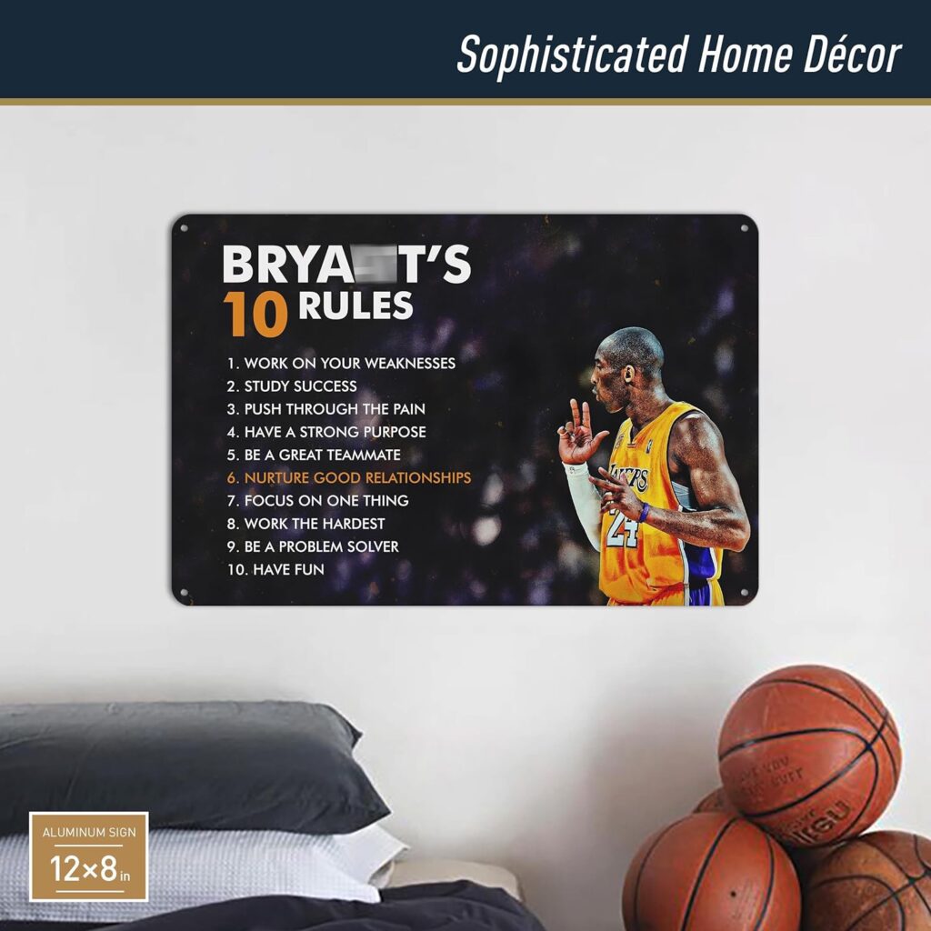 Bryants 10 Rules - The Champion’s Mindset Motivational Basketball Metal Print Poster. Sports Poster Wall Art for Home,Office,Locker Room,Gym Décor. a Champions Rules to Be Your Best! - 12 x 8 in