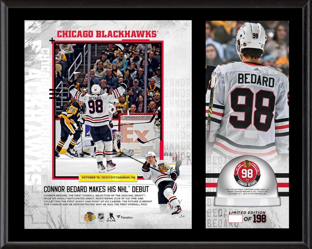 Connor Bedard Chicago Blackhawks NHL Debut 12 x 15 Sublimated Plaque with Game-Used Ice from Debut Game - Limited Edition of 198 - NHL Game Used Ice Collages