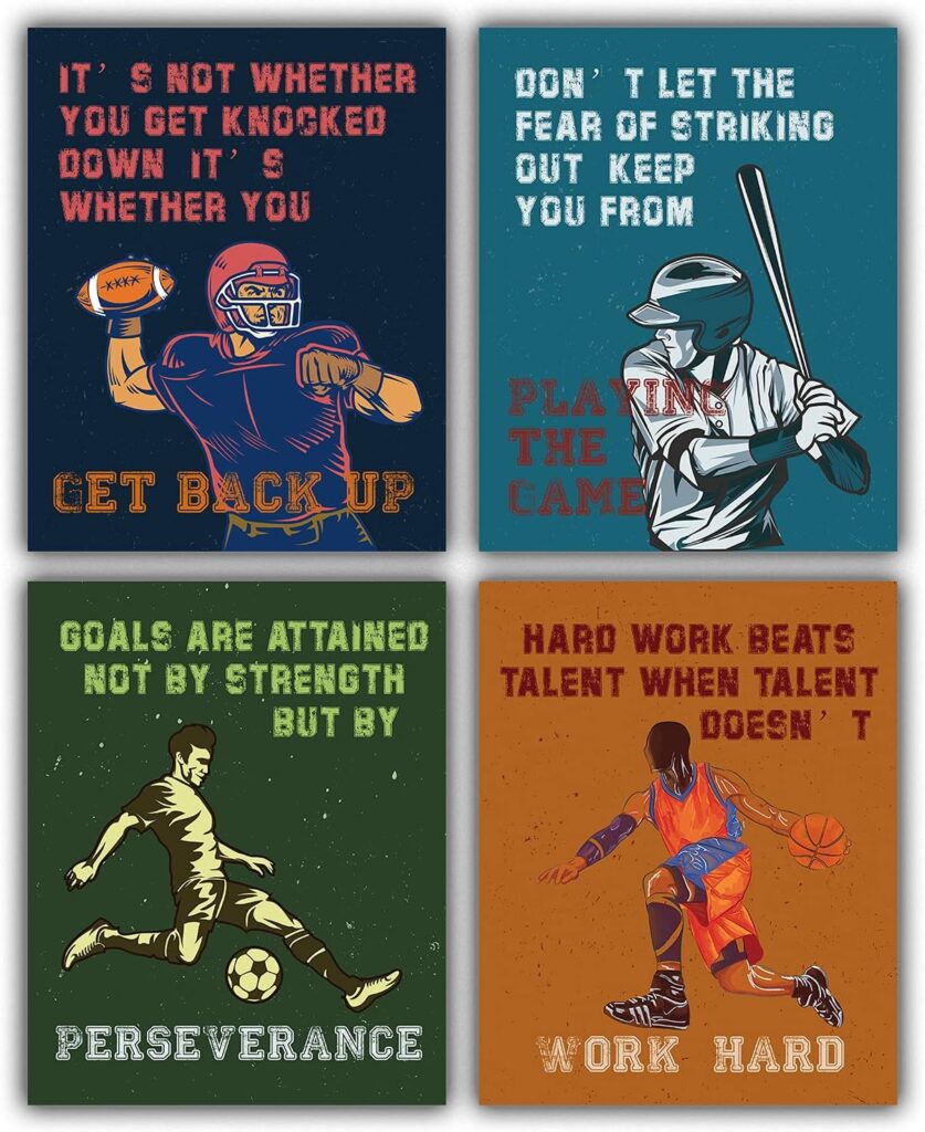 DAMEI SHENGSHENG Retro Sports Themed Motivational Quote Phrases Poster, Sport Inspirational Quote Wall Art Print, Basketball Football Baseball Soccer Set of 4 (8in X10in Unframed), Brown, 8x10 inches