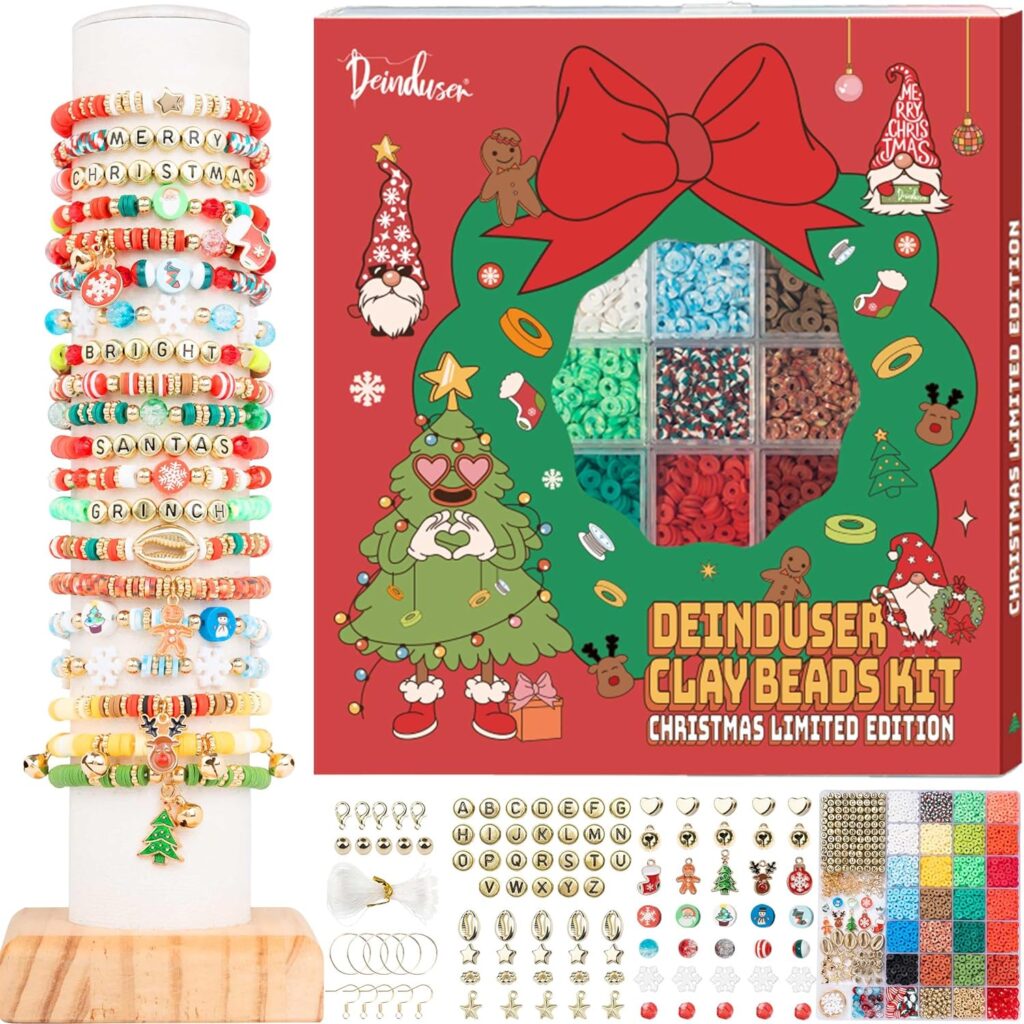 Deinduser Bracelet Making Kit for Beginner Christmas 6000Pcs Beads for Jewelry Making Christmas Tree Snowflake Gingerbread Charms Red Green Clay Beads Gold Heart Star Spacer Beads for DIY Crafts