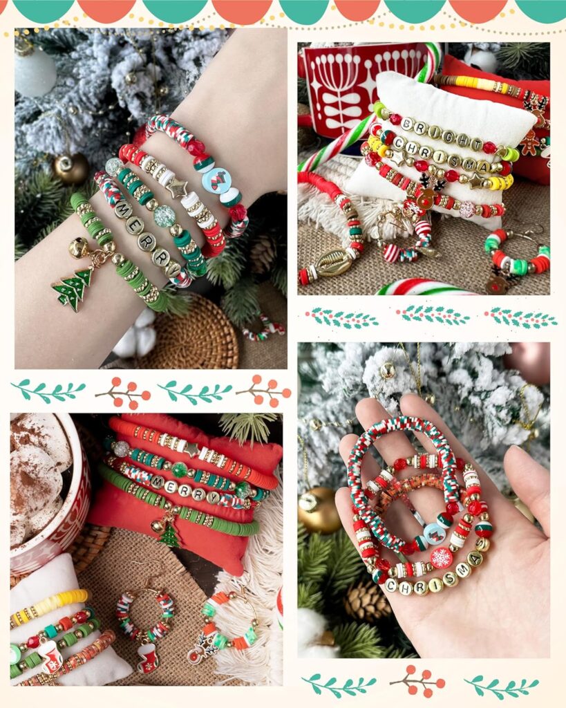 Deinduser Bracelet Making Kit for Beginner Christmas 6000Pcs Beads for Jewelry Making Christmas Tree Snowflake Gingerbread Charms Red Green Clay Beads Gold Heart Star Spacer Beads for DIY Crafts