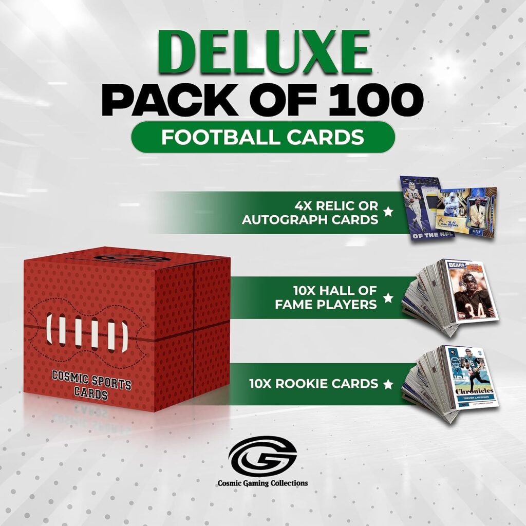 Deluxe Football Card Mystery Box NFL Trading Cards 2023 | Includes 2023 NFL Football Cards | 100x Official Cards | 10x Hall of Famers | 10x Rookies | 4X Autograph or Relic Cards Guaranteed