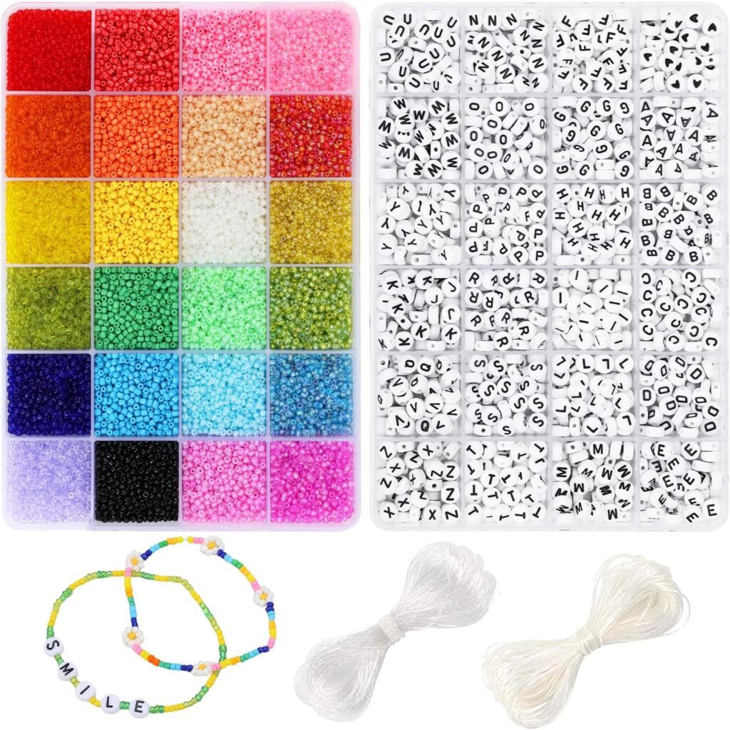 DICOBD 21600pcs 2mm 12/0 Glass Seed Beads Craft Beads Kit and 1200pcs Letter Alphabet Beads for Friendship Bracelets Jewelry Making Necklaces and Key Chains with 2 Rolls of Cord