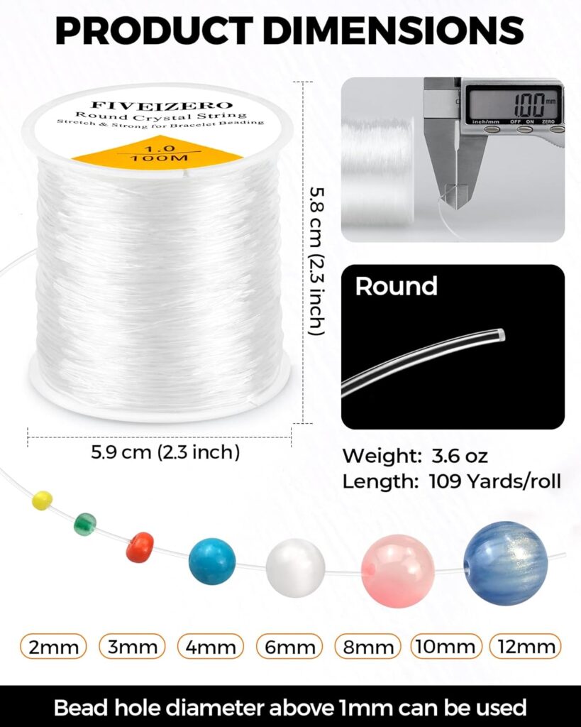 FIVEIZERO Elastic Bracelet String Cord, 6 Rolls 0.4mm, 0.5mm, 0.6mm, 0.7mm, 0.8mm, 1mm Crystal Clear Stretchy Elastic Bead String for Bracelets, Jewelry Making and Clay Pony Seed Stone Beads Beading