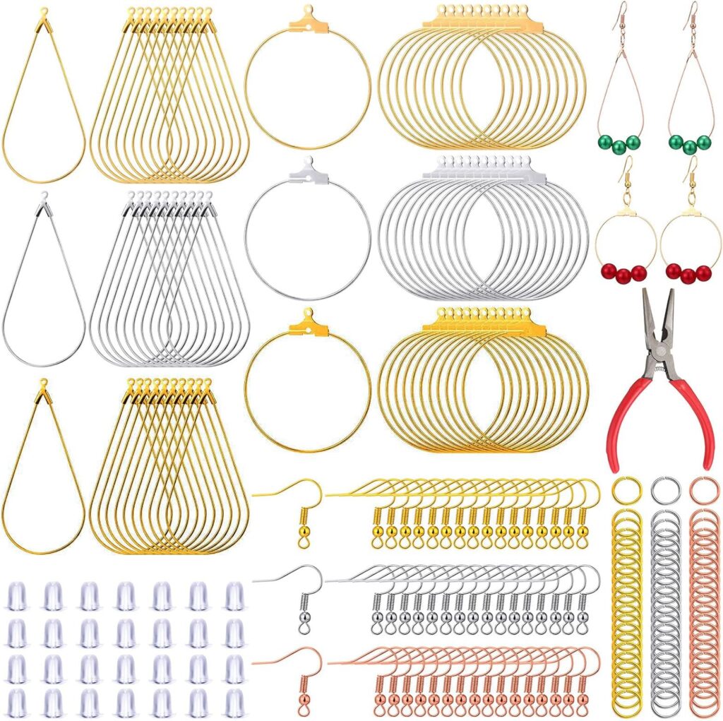 Inbagi 481 Pcs Earring Making Kit 120 Earring Hooks 120 Open Jump Rings 120 Earring Backs 120 Teardrop and Round Beading Hoop Earring Supplies Component for Jewelry Making DIY Craft (Silver)