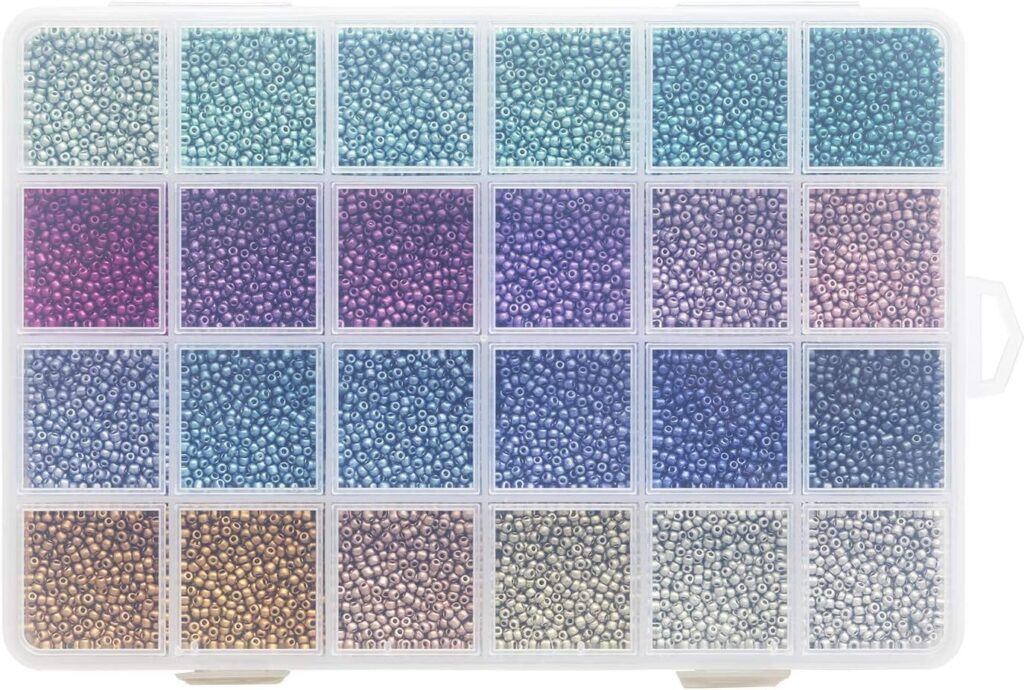 KERGAEN Size 2mm 12/0 Seed Beads About 15600pcs, Small Seed Beads Supplies with Elastic String,Jump Ring and Charms for Making Earring,Bracelet and Jewelry (650Pcs/Color, 24 Colors)