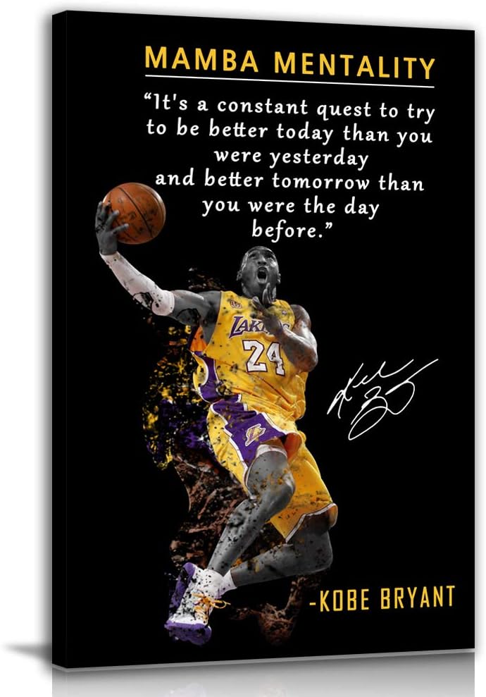 Kobe Bryant Inspirational Poster Canvas Wall Art • Mamba Mentality Quote Canvas Home Decor • Basketball Player Sports Motivational Artwork For Home,Office,Gym Wall Decor Framed Ready to Hang
