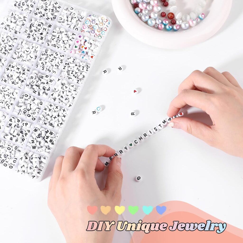 Letter Beads, Beadsky 1456PCS Acrylic A-Z Alphabet Beads for Bracelets, 28 Styles 4x7mm Round Letters Beading Kits for DIY Jewelry Making, Colorful Smile Face  Heart Friendship Bracelet Making Kit