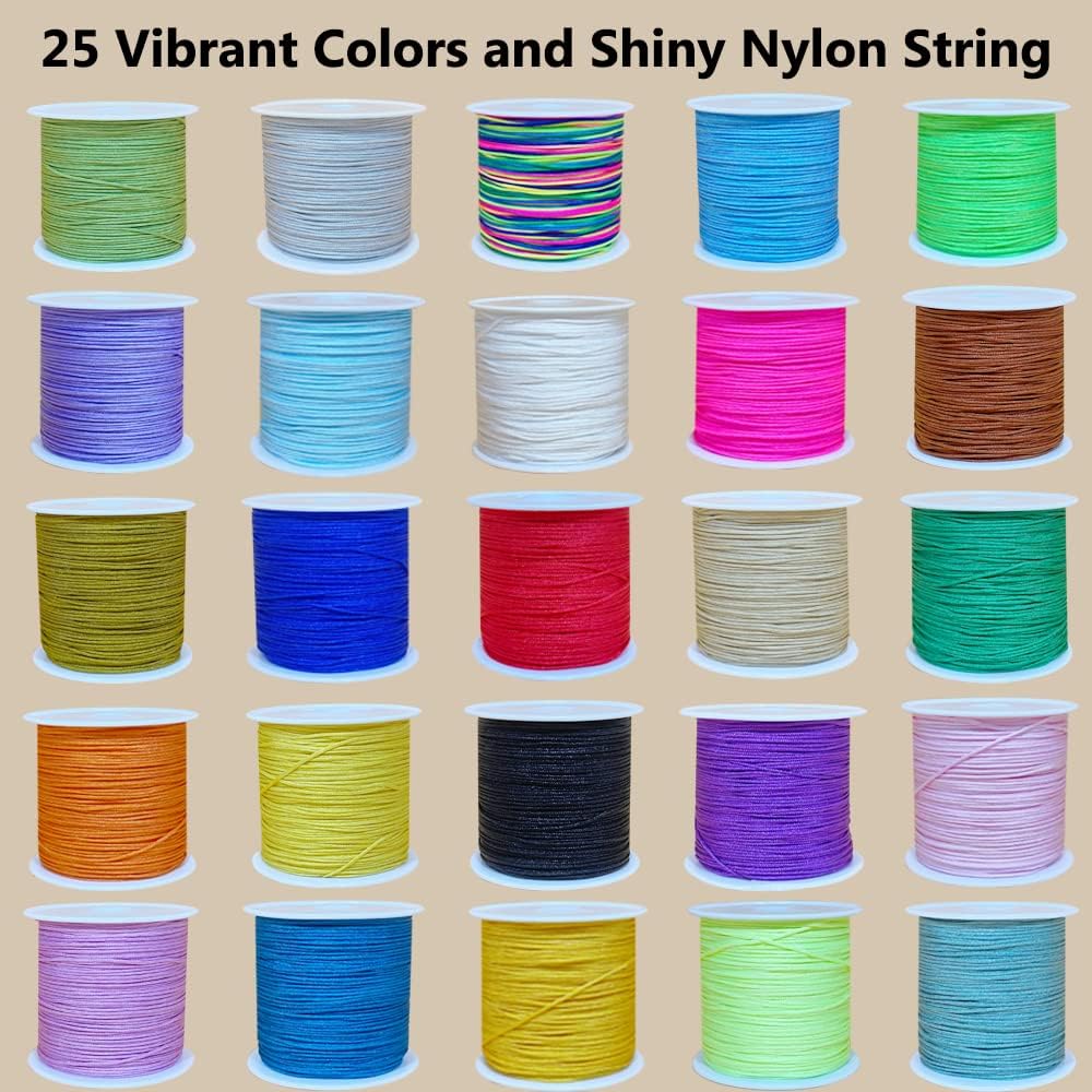 Nylon String for Bracelets, 25 Colors 1125 Yards Chinese Knotting Cord, 0.8 mm Nylon Cord for Jewelry Making, Beading, Necklaces, Kumihimo, Friendship Bracelets, Tassels, Wind Chime, Blinds and Craft