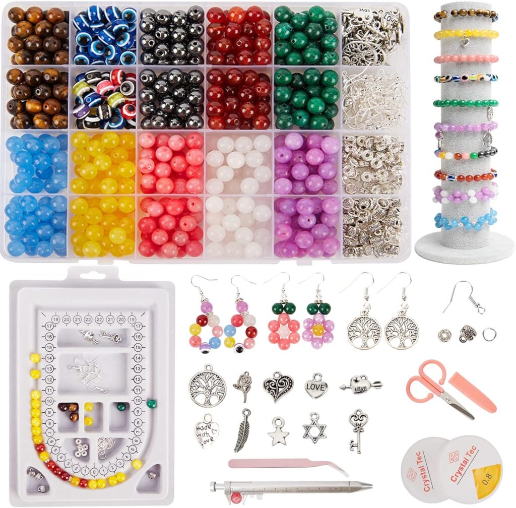 PAVA 550pcs Crystal Beads Kit for Bracelet Jewelry Making, 8mm Loose Gemstone Crystal 7 Chakras Healing Natural Stone Beads with Accessories, DIY Beading Necklace Suitable for Beginners